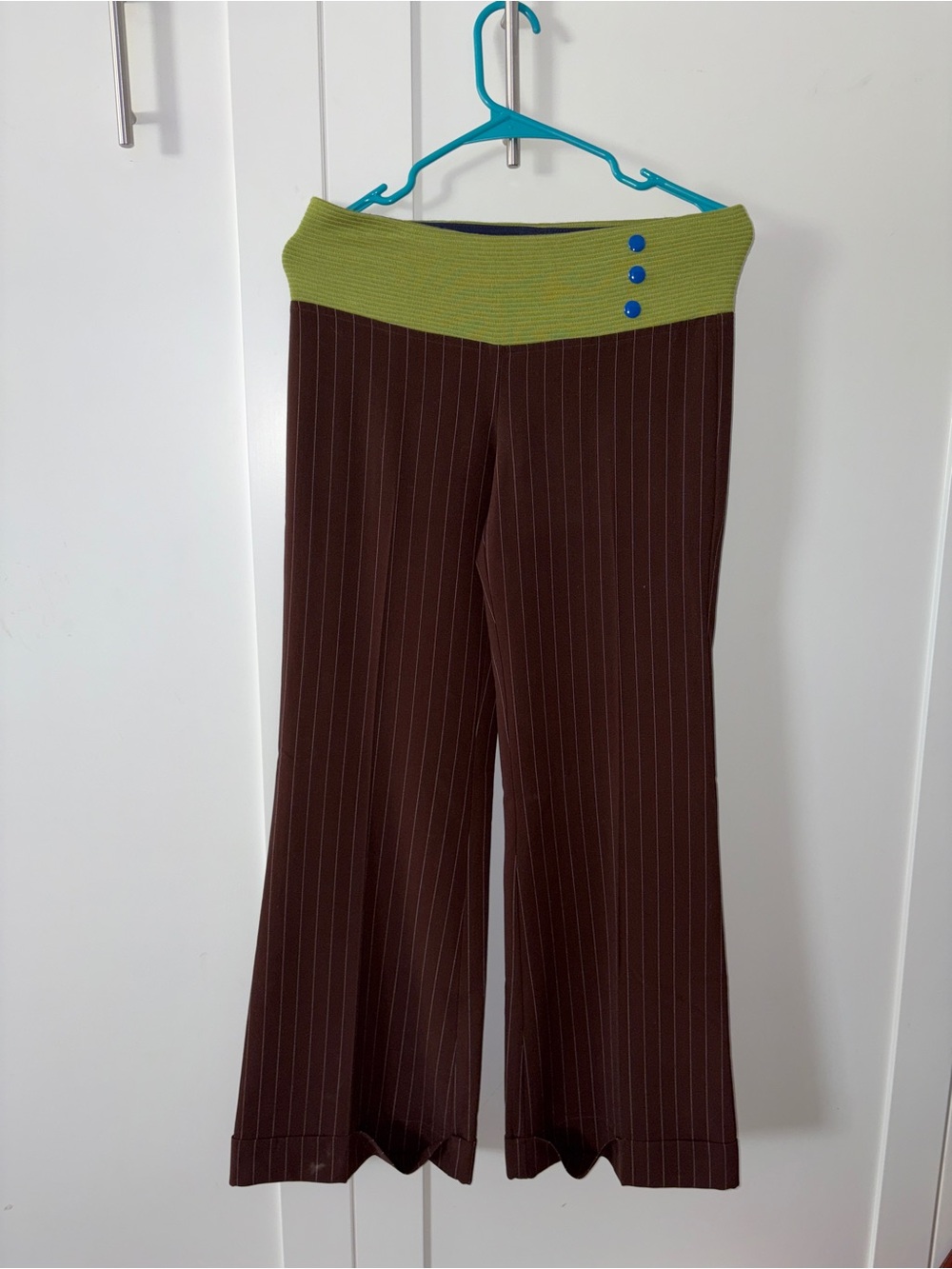 T-Bags Green Waistband And Brown Pinstripe with Blue Buttons Whimsy Office Pants